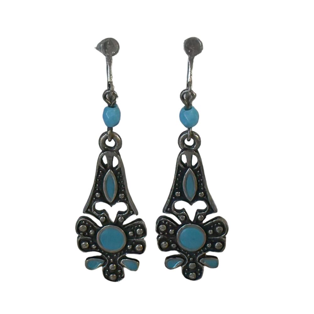 1980s Antiqued Silver Tone Turquoise Enamel & Bead Boho Drop Dangle Earrings